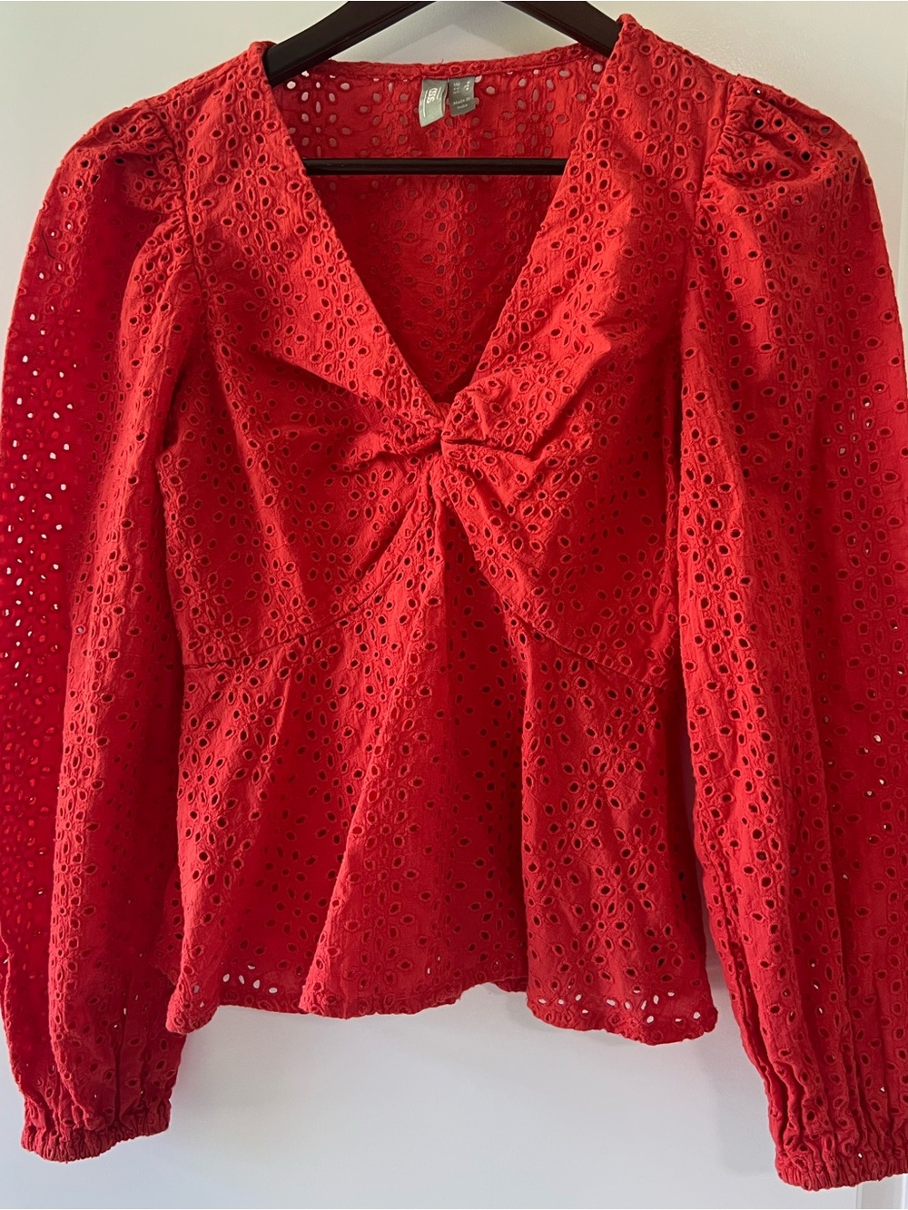 ASOS Bright Red Coral Eyelet Long Sleeve Blouse Top Peplum Floral Womens Sz 4